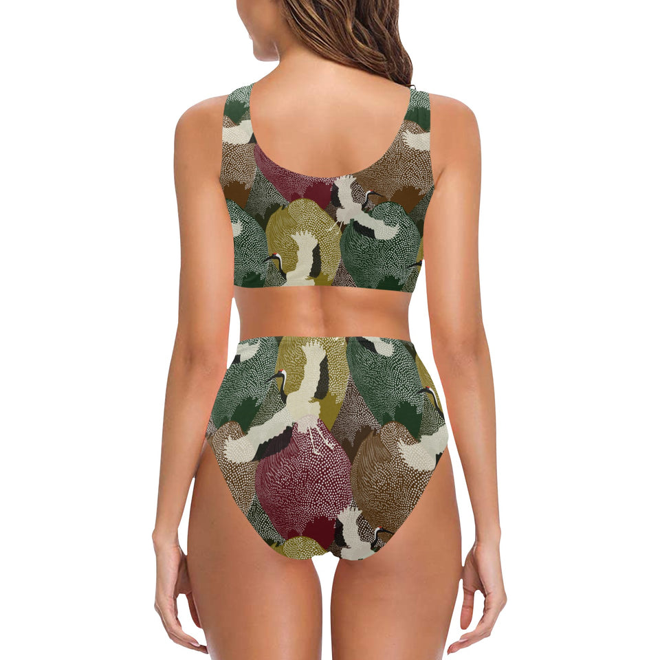 Japanese cranes flying forest dot pattern Chest Bowknot High Waisted Bikini Swimsuit