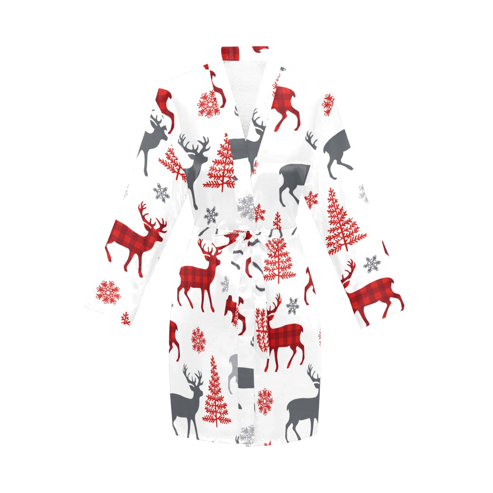 Deer tree snowflakes chrismas pattern Women's Long Sleeve Belted Night Robe