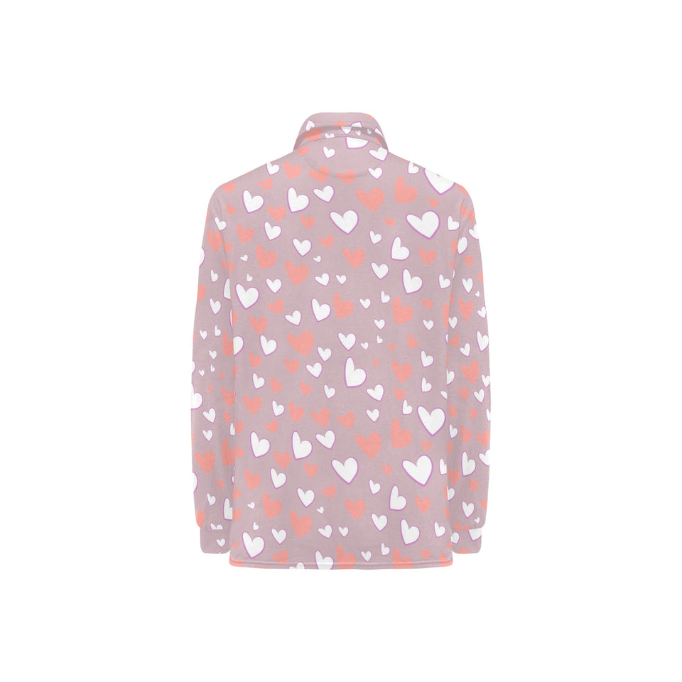 coral white heart pattern Women's Long Sleeve Polo Shirt