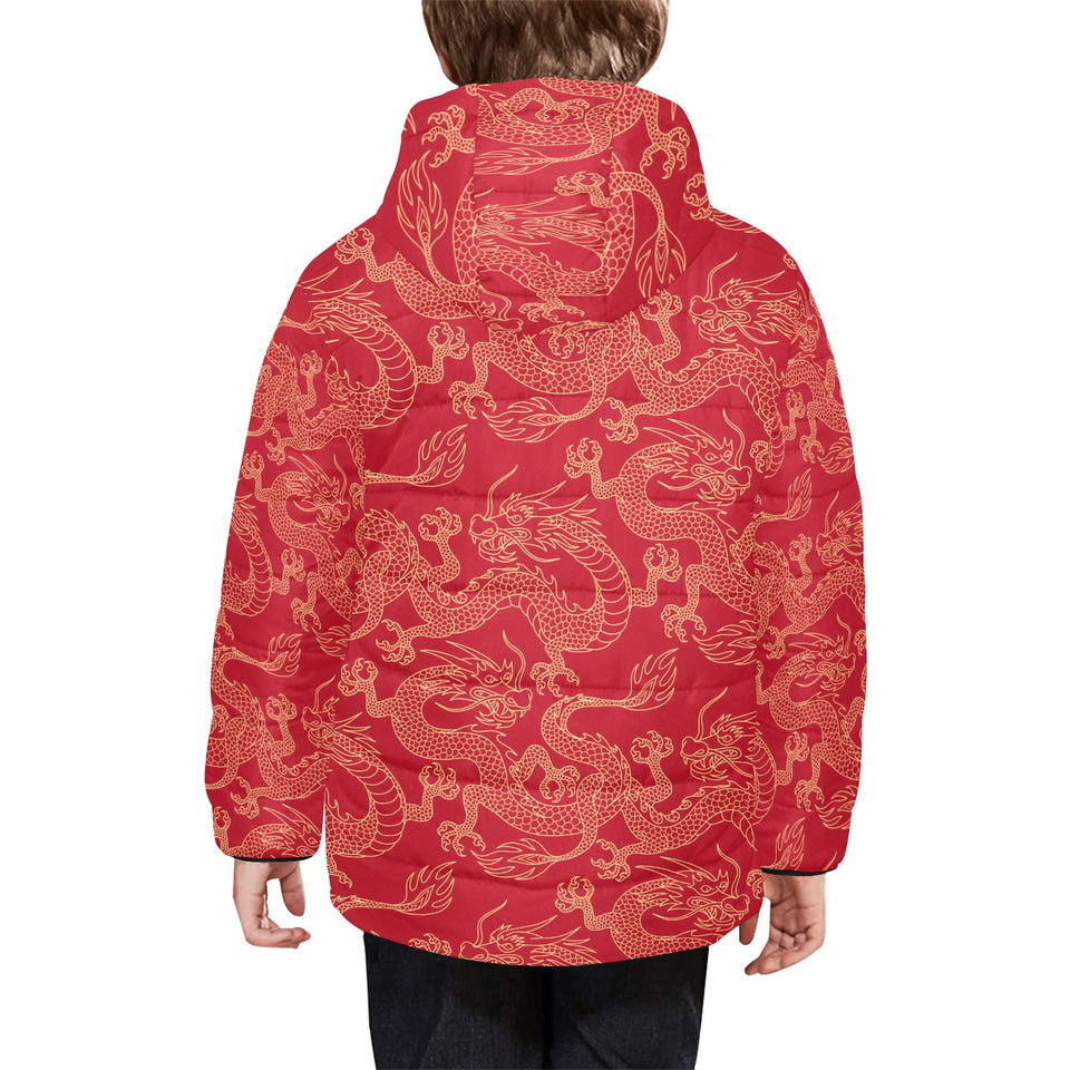 Gold dragons red background Kids' Boys' Girls' Padded Hooded Jacket