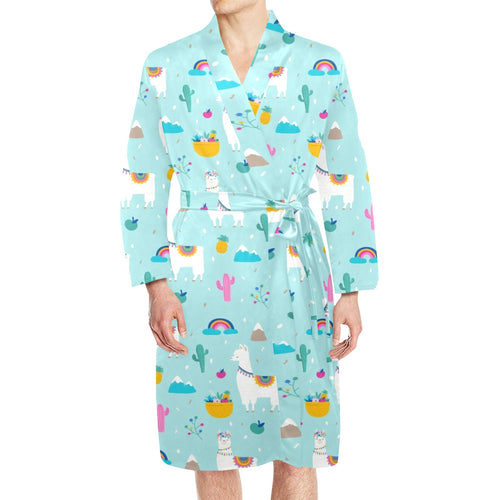 Llama alpaca cactus leaves pattern Men's Long Sleeve Belted Night Robe