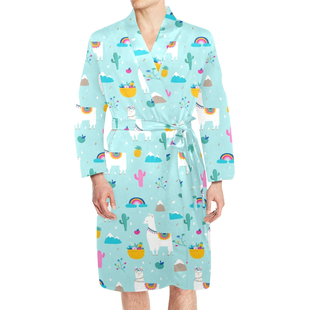 Llama alpaca cactus leaves pattern Men's Long Sleeve Belted Night Robe