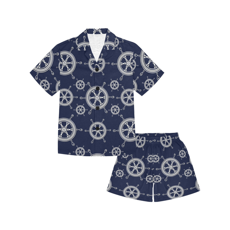 nautical steering wheel design pattern Kids' Boys' Girls' V-Neck Short Pajama Set