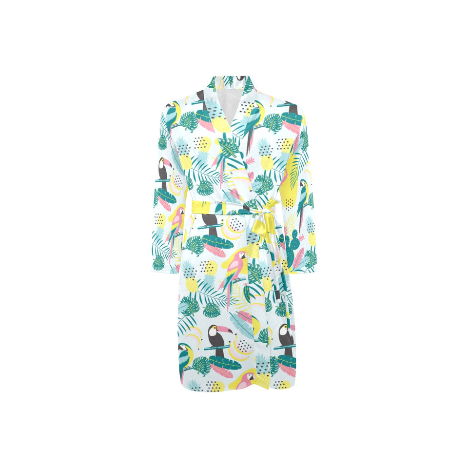 Cute parrot toucan flamingo cactus exotic leaves p Men's Long Sleeve Belted Night Robe