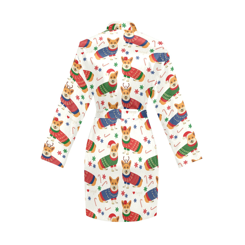 Corgi Christmas Pattern Women's Long Sleeve Belted Night Robe