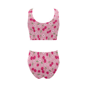 cherry flower pattern pink background Chest Bowknot High Waisted Bikini Swimsuit