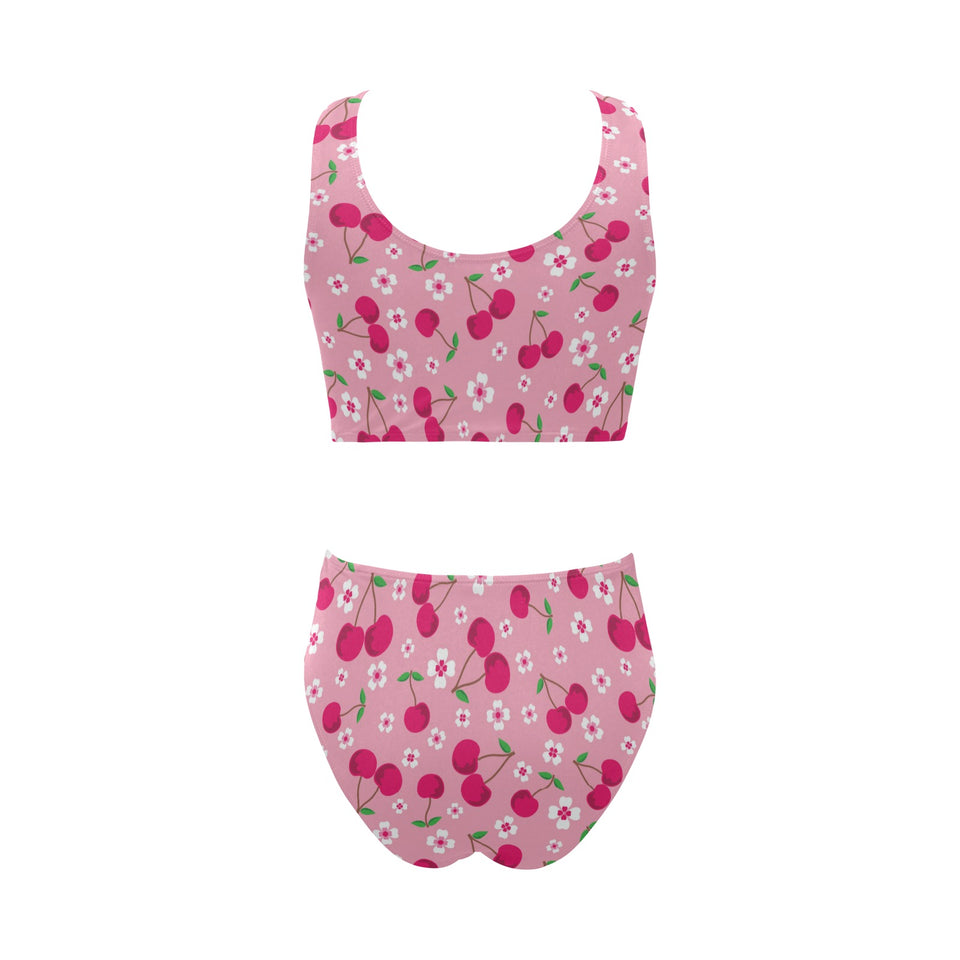cherry flower pattern pink background Chest Bowknot High Waisted Bikini Swimsuit