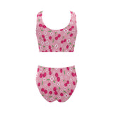 cherry flower pattern pink background Chest Bowknot High Waisted Bikini Swimsuit