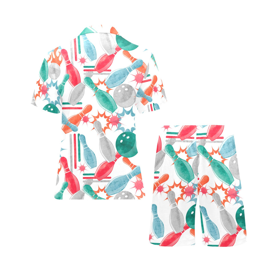 Watercolor bowling pattern Men's V-Neck Short Pajama Set