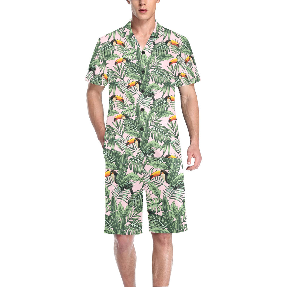 Toucan tropical green jungle palm pattern Men's V-Neck Short Pajama Set