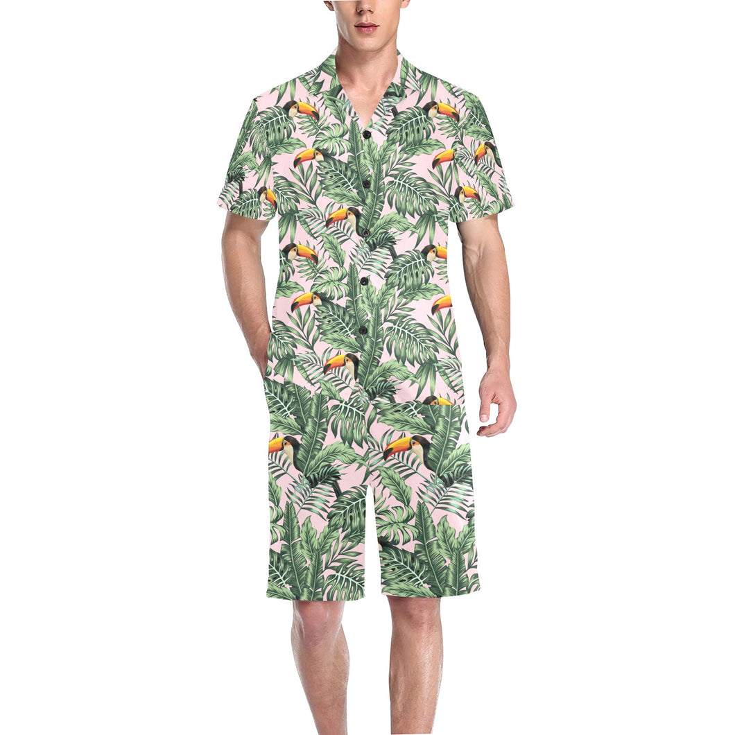 Toucan tropical green jungle palm pattern Men's V-Neck Short Pajama Set
