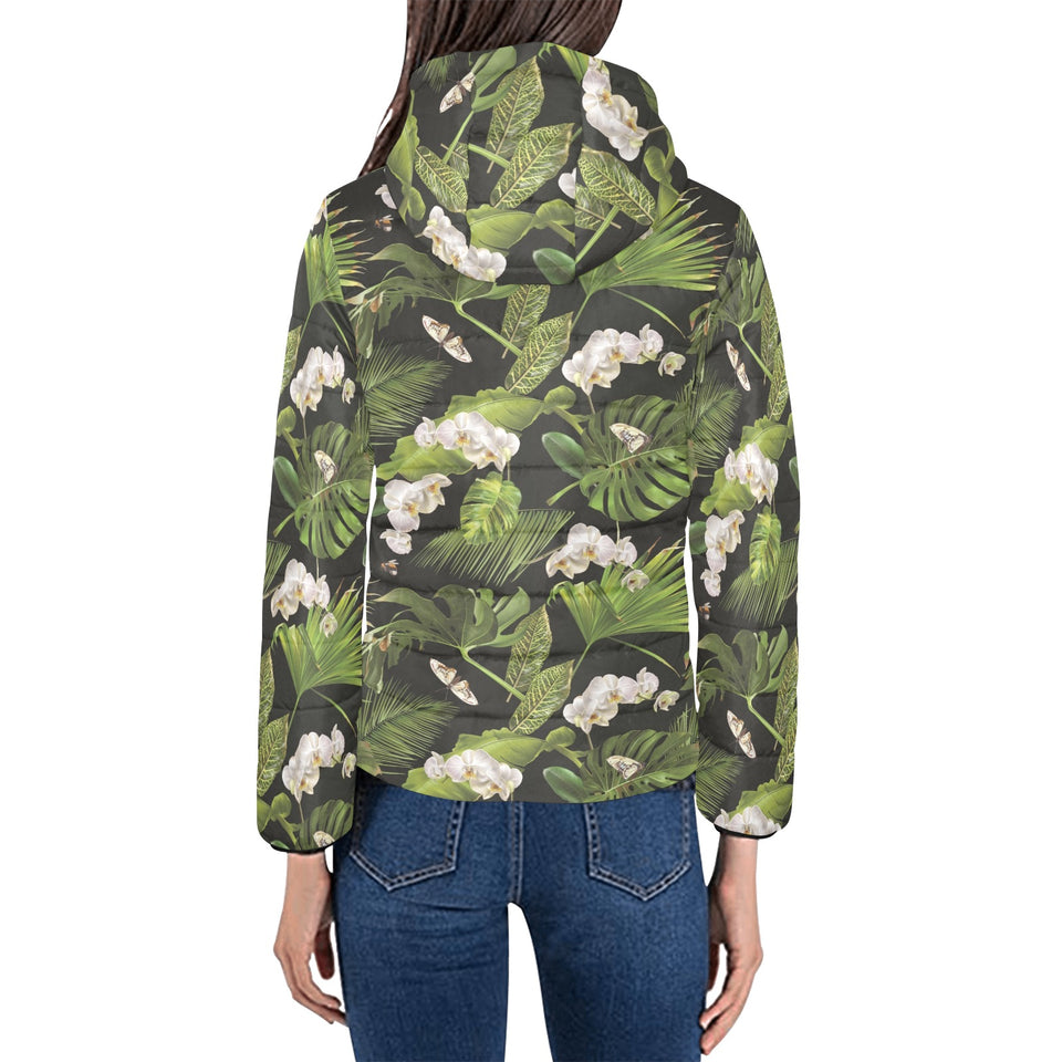 White orchid flower tropical leaves pattern blackg Women's Padded Hooded Jacket