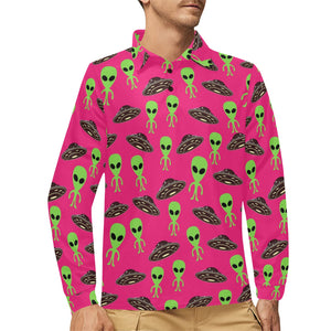 Alien Pattern Print Design 03 Men's Long Sleeve Polo Shirt