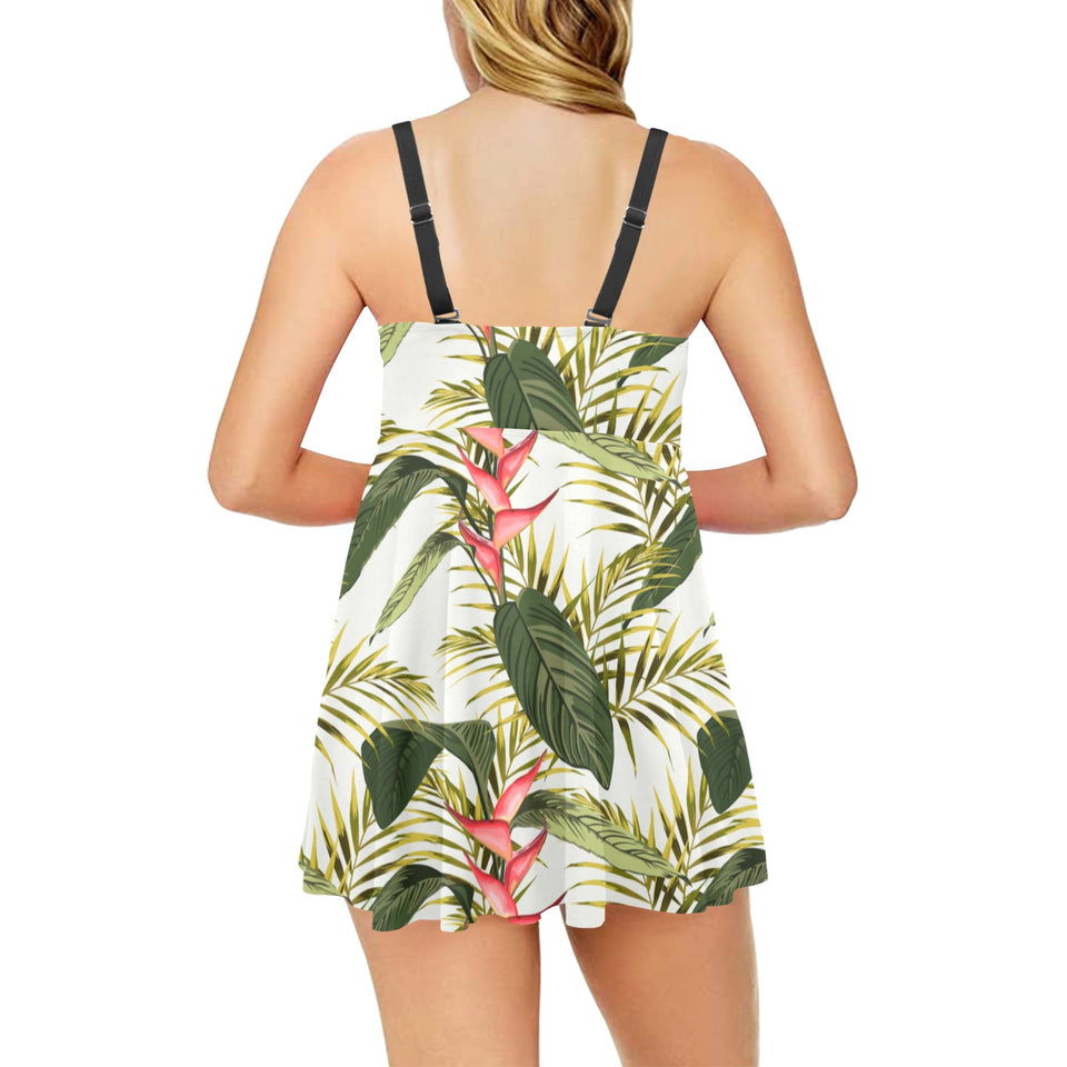 heliconia pattern Chest Sexy Pleated Two Piece Swim Dress
