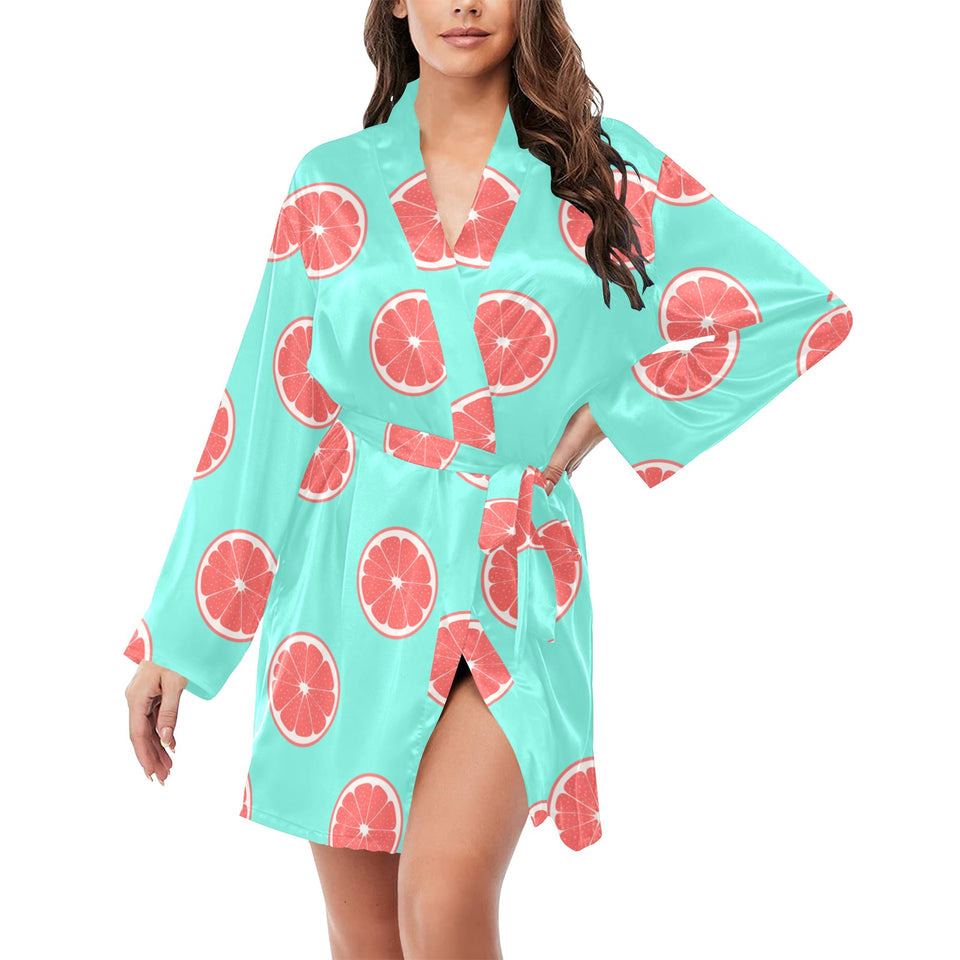 Grapefruit green background Women's Long Sleeve Belted Night Robe