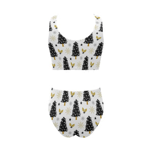 Christmas tree holly snow star pattern Chest Bowknot High Waisted Bikini Swimsuit