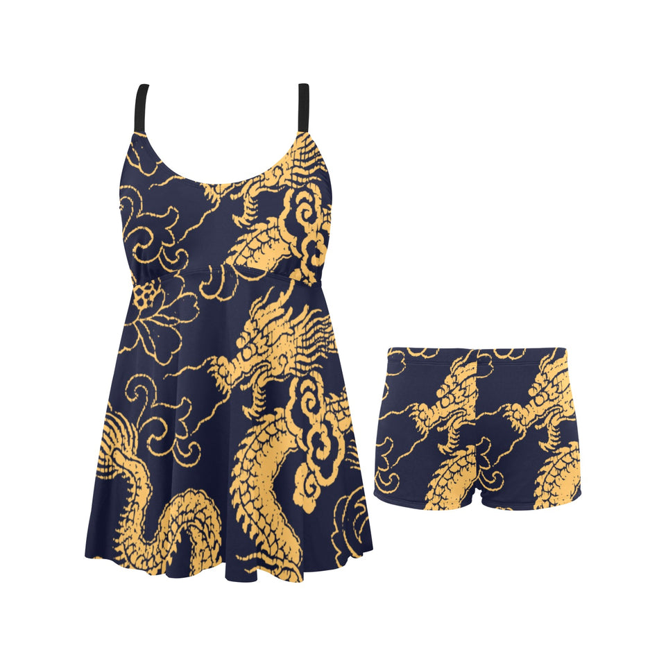 Gold dragon pattern Chest Sexy Pleated Two Piece Swim Dress