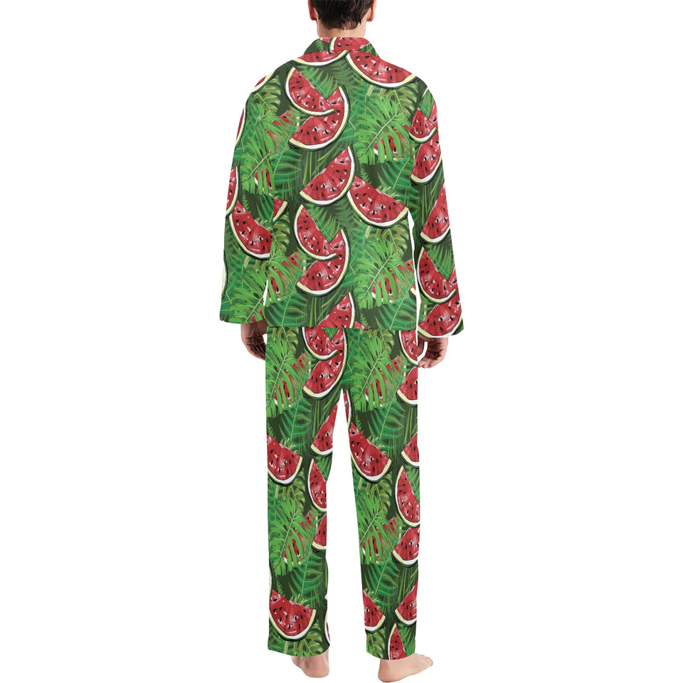 Watermelons tropical palm leaves pattern backgroun Men's Long Pajama Set