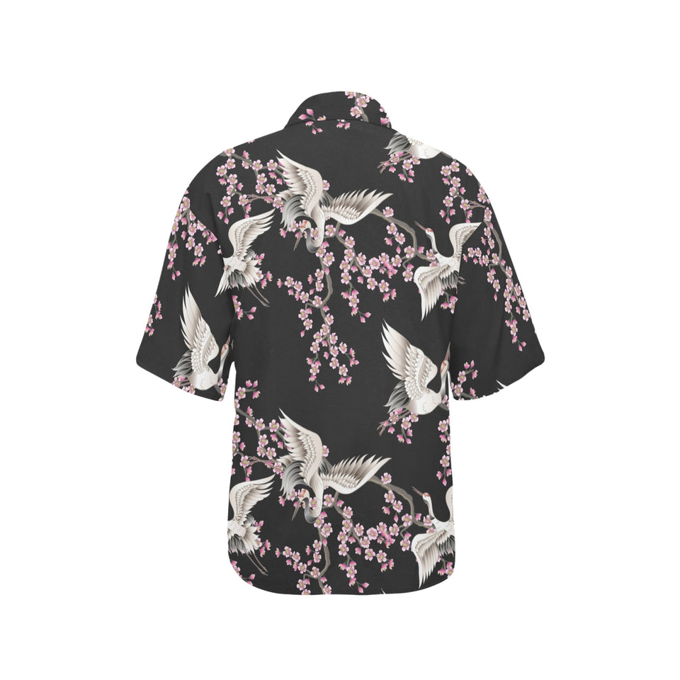 Japanese crane pink sakura pattern Women's All Over Print Hawaiian Shirt