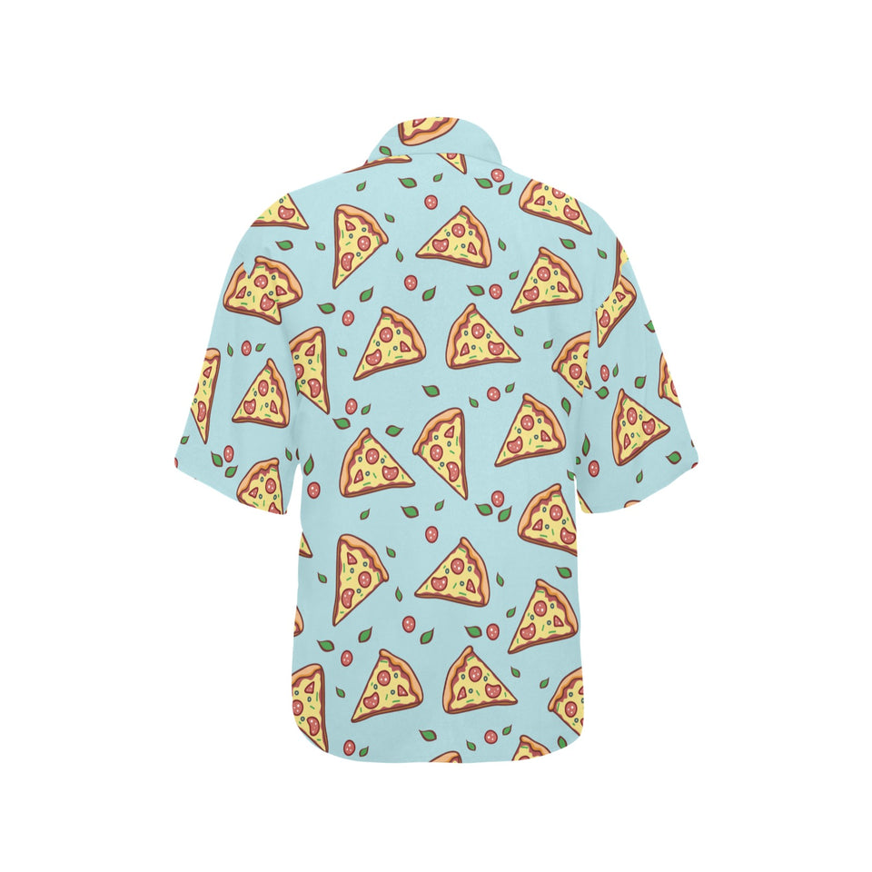 Hand drawn pizza blue background Women's All Over Print Hawaiian Shirt