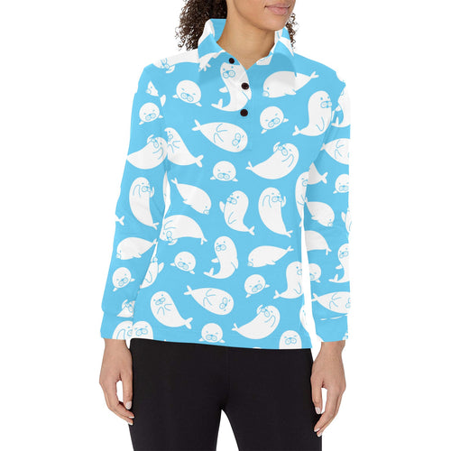 Cute white sea lion seals pattern Women's Long Sleeve Polo Shirt