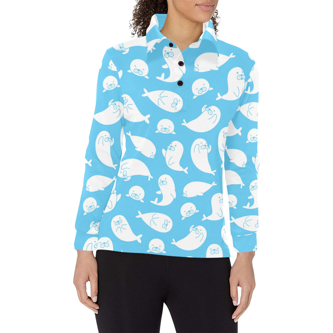 Cute white sea lion seals pattern Women's Long Sleeve Polo Shirt