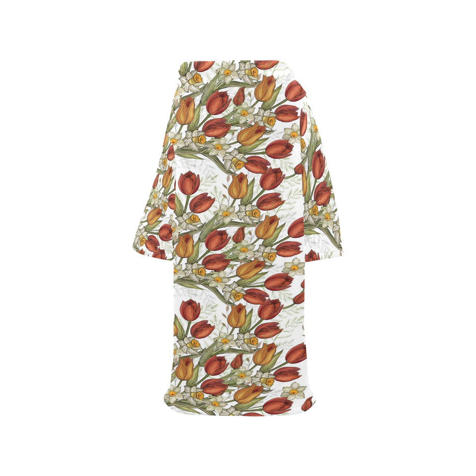 Red tulips and daffodils pattern Blanket Robe with Sleeves