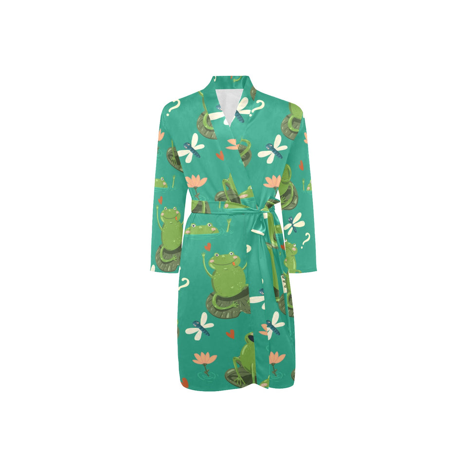 Cute frog dragonfly design pattern Men's Long Sleeve Belted Night Robe