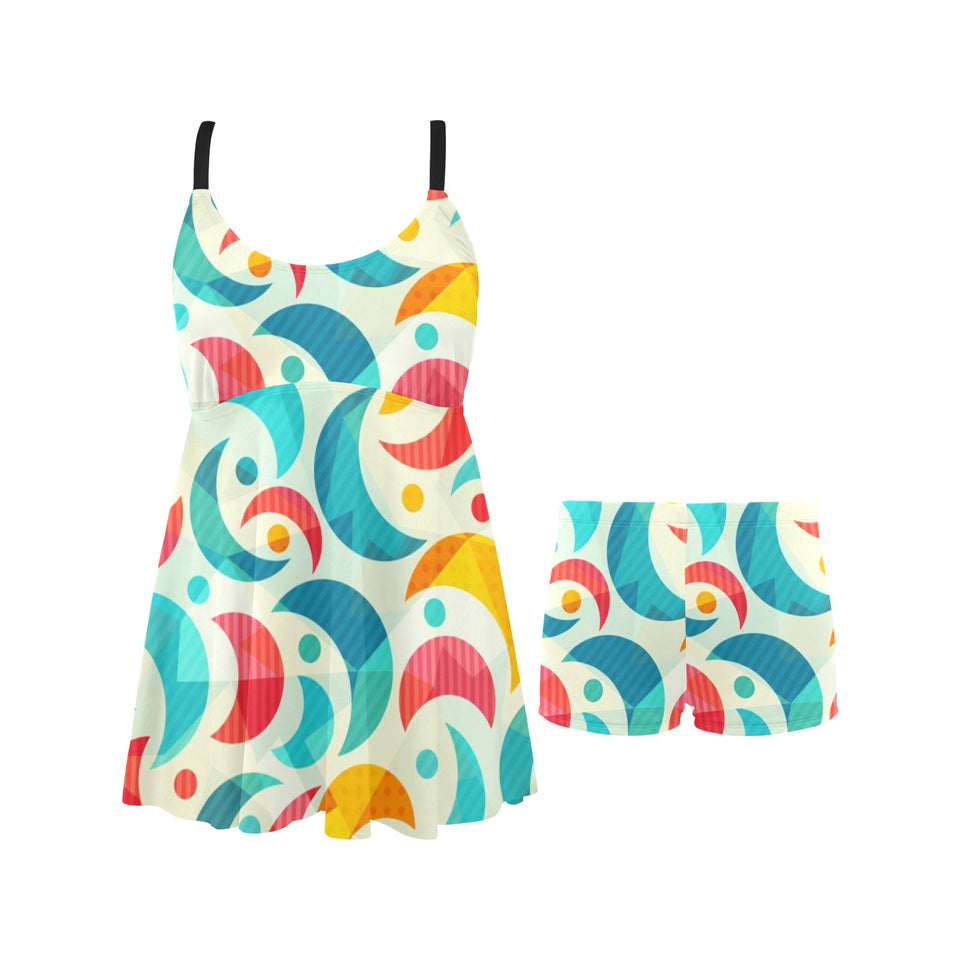 Colorful moon pattern Chest Sexy Pleated Two Piece Swim Dress