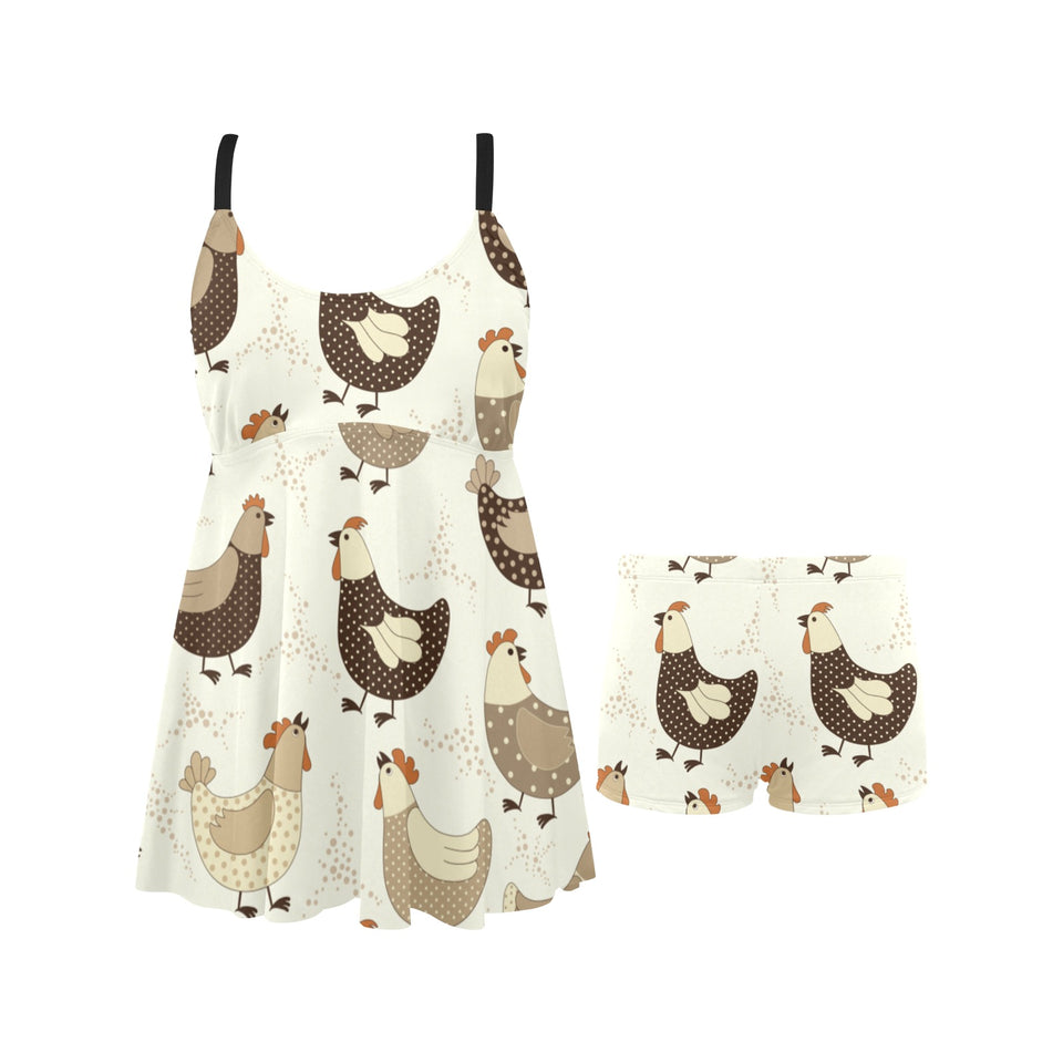 Cute rooster chicken cock Chest Sexy Pleated Two Piece Swim Dress