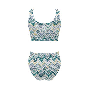 zigzag chevron paint design pattern Chest Bowknot High Waisted Bikini Swimsuit