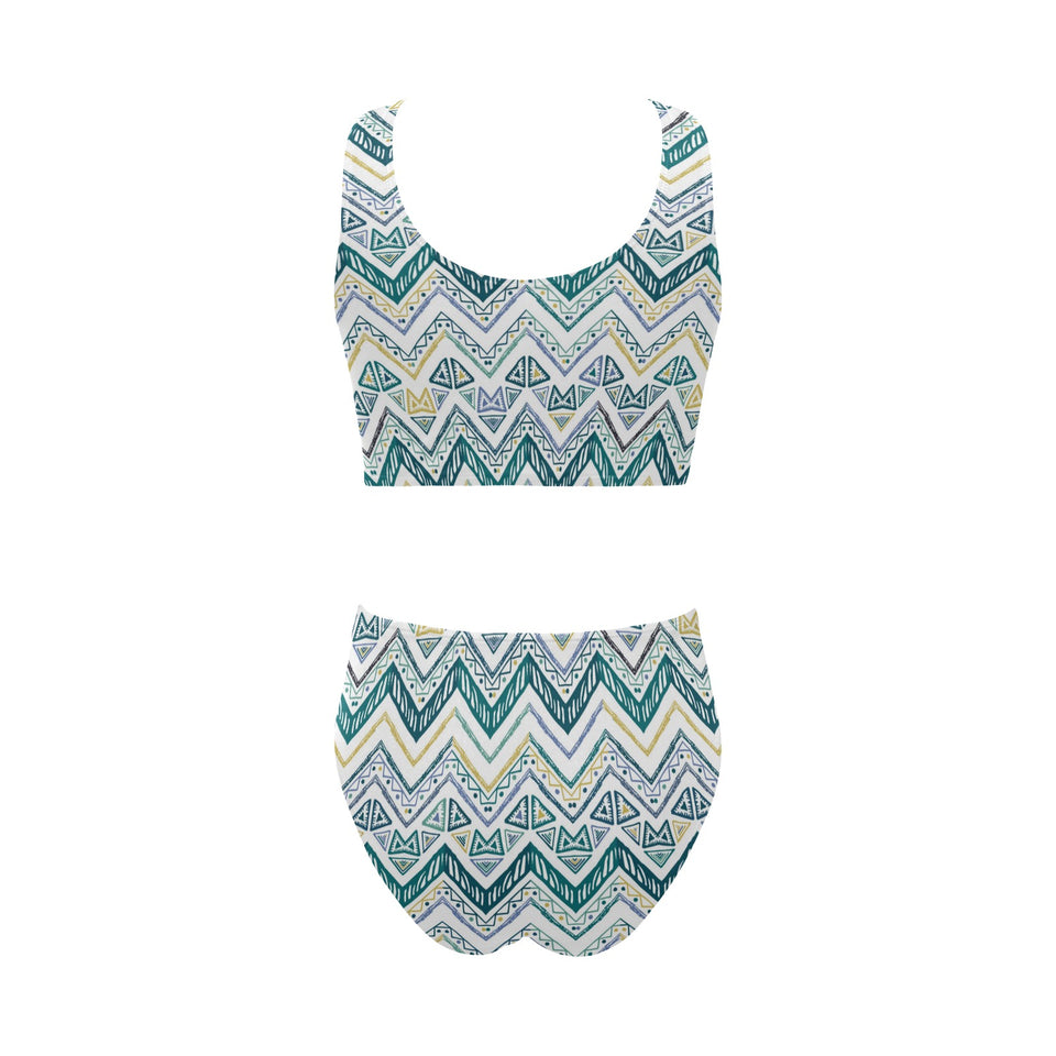 zigzag chevron paint design pattern Chest Bowknot High Waisted Bikini Swimsuit