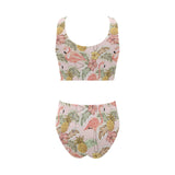 Pink flamingo birds pineapples hibiscus flower pat Chest Bowknot High Waisted Bikini Swimsuit