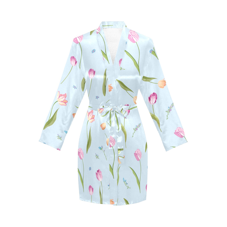 Watercolor Tulips pattern Women's Long Sleeve Belted Night Robe