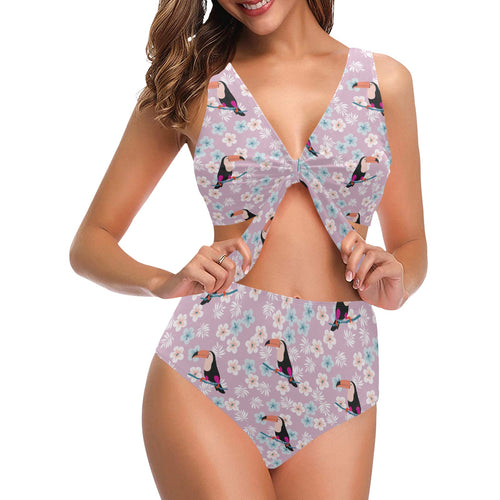 Beautiful toucan flower leaves Chest Bowknot High Waisted Bikini Swimsuit