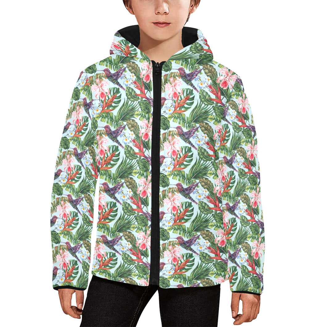 Hummingbird Pattern Print Design 05 Kids' Boys' Girls' Padded Hooded Jacket