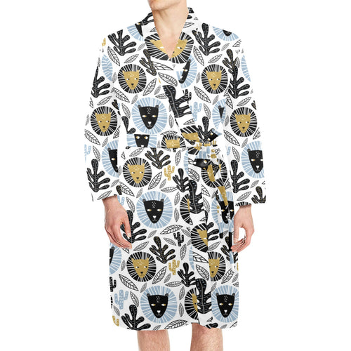 Lion Pattern Print Design 05 Men's Long Sleeve Belted Night Robe