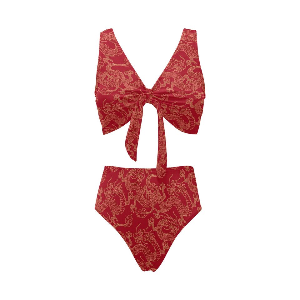 Gold dragons red background Chest Bowknot High Waisted Bikini Swimsuit