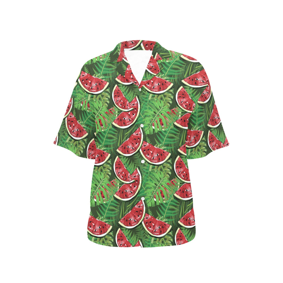 Watermelons tropical palm leaves pattern backgroun Women's All Over Print Hawaiian Shirt