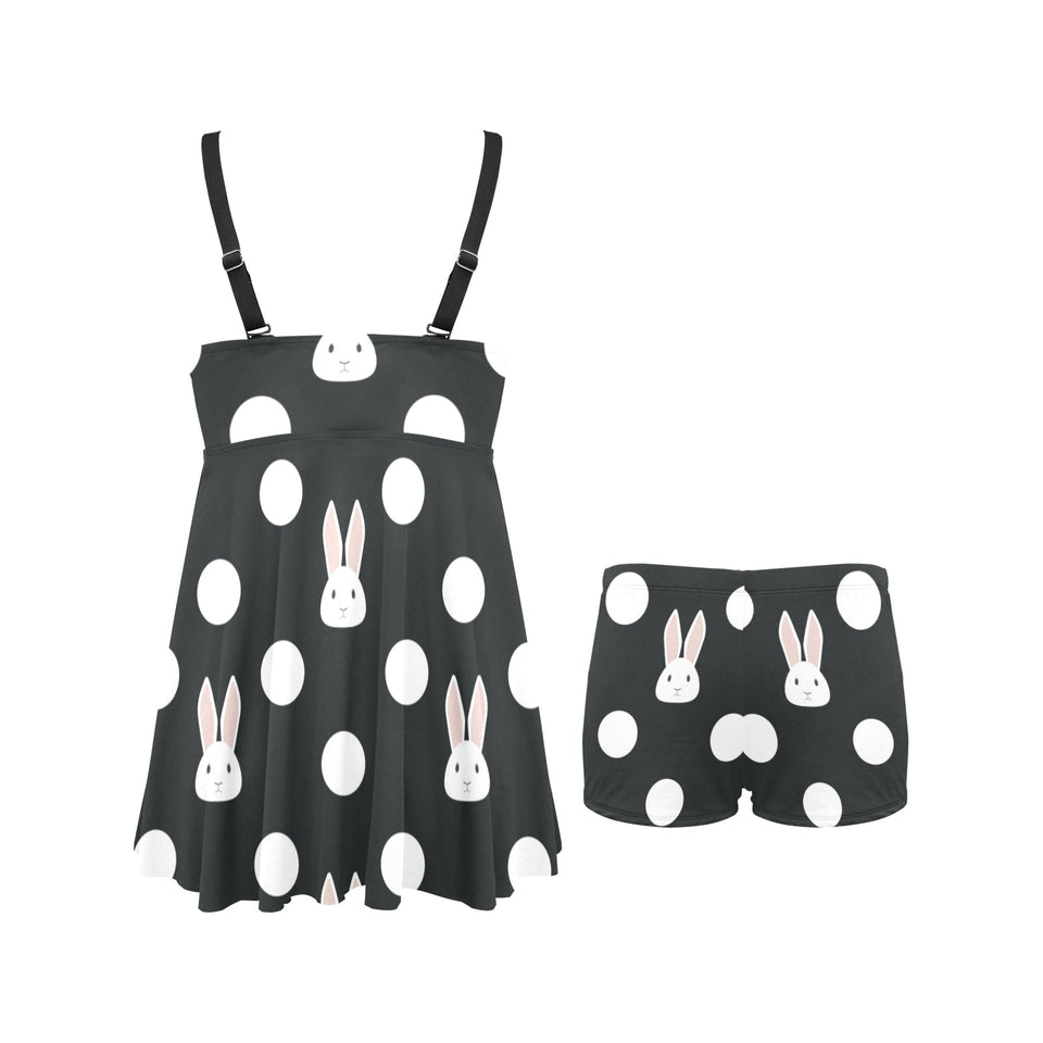Cute white rabbit polka dots black background Chest Sexy Pleated Two Piece Swim Dress