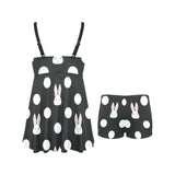 Cute white rabbit polka dots black background Chest Sexy Pleated Two Piece Swim Dress