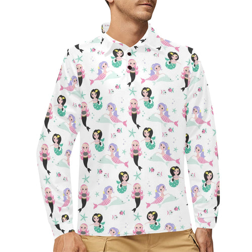 cute mermaid dolphin fish starfish pattern Men's Long Sleeve Polo Shirt