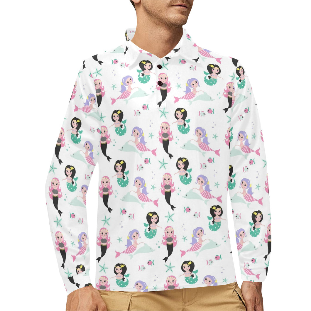 cute mermaid dolphin fish starfish pattern Men's Long Sleeve Polo Shirt