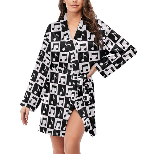 Music Notes Pattern Print Design 01 Women's Long Sleeve Belted Night Robe
