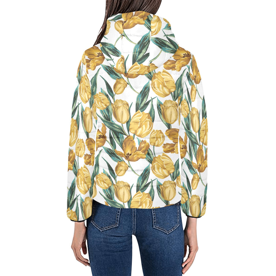 yellow tulips pattern Women's Padded Hooded Jacket