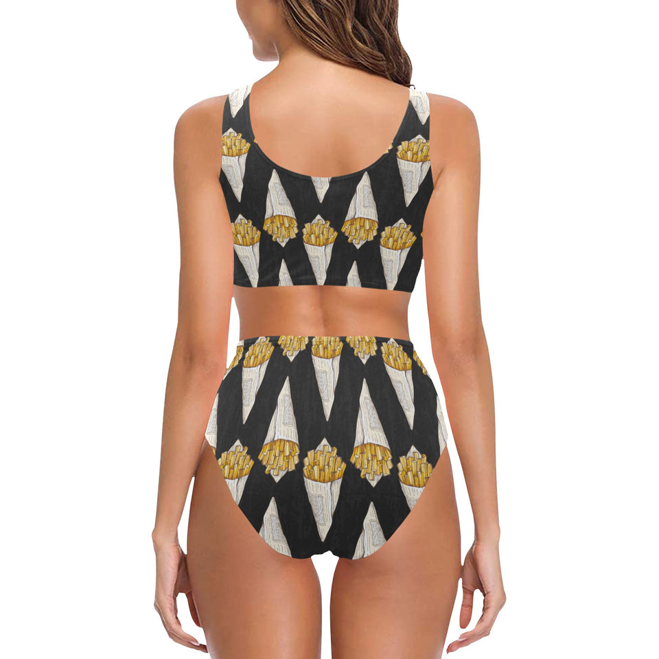 French fries dark background Chest Bowknot High Waisted Bikini Swimsuit