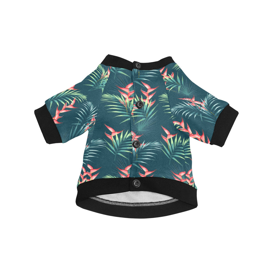 heliconia flowers, palm and monstera leaves on bla All Over Print Pet Dog Round Neck Fuzzy Shirt