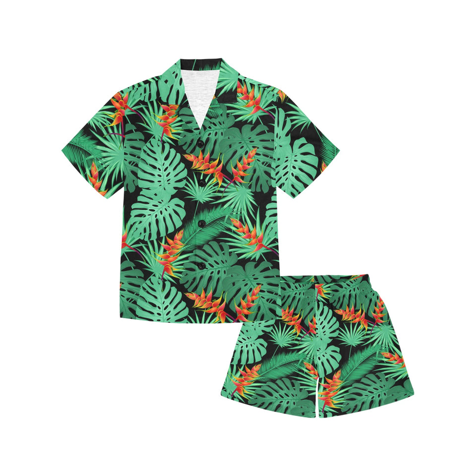 heliconia flower palm monstera leaves black backgr Kids' Boys' Girls' V-Neck Short Pajama Set