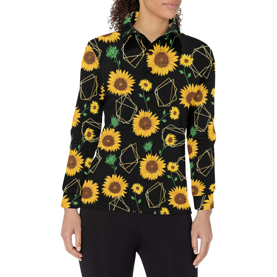 sunflower golden polygonal shapes Women's Long Sleeve Polo Shirt