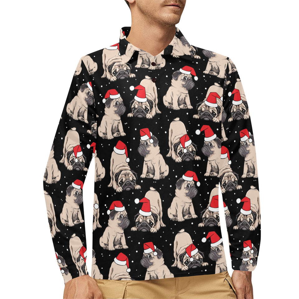 Christmas Pugs Santa_s red cap pattern Men's Long Sleeve Polo Shirt